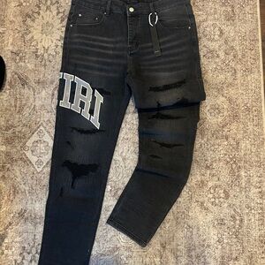 Black Distressed Jeans with White Lettering